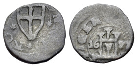 Italy, Genoa. Dogi Biennali (1541-1637). Æ 8 Denari (14mm, 1.08g, 6h). Castle. R/ Arms. MIR 248. Good Fine