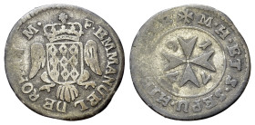 Malta. Emmanuel de Rohan-Polduc, Order of Hospitallers (1776-1779). 2 Tari (⅙) (20mm, 1.85g, 6h). Crowned coat of arms of Rohan over headless eagle fa...