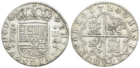 Spain. Fillipe V (1683-1746). AR 2 Reales (4.75g, 25mm, 1h). Madrid 1724. PHILIPPUS V D G, Crowned shield of Spain. R/ HISPANIARUM REX, Arms of Castil...