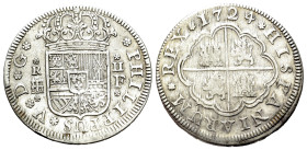 Spain. Felipe V (First reign, 1700-1724). 2 Reales 1724 (27mm, 5.23g). Sevilla. + PHILIPPUS + V + D + G +. Crowned coat-of-arms. R/+ HISPANIARUM + REX...