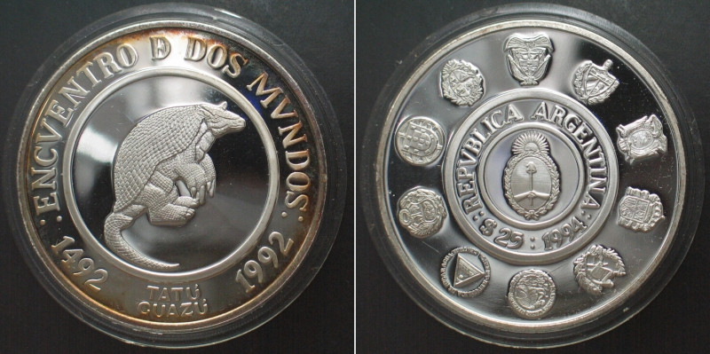 ARGENTINA 25 Pesos 1994 Giant Armadillo IBERO-AMERICA silver Proof SCARCE! KM# 1...