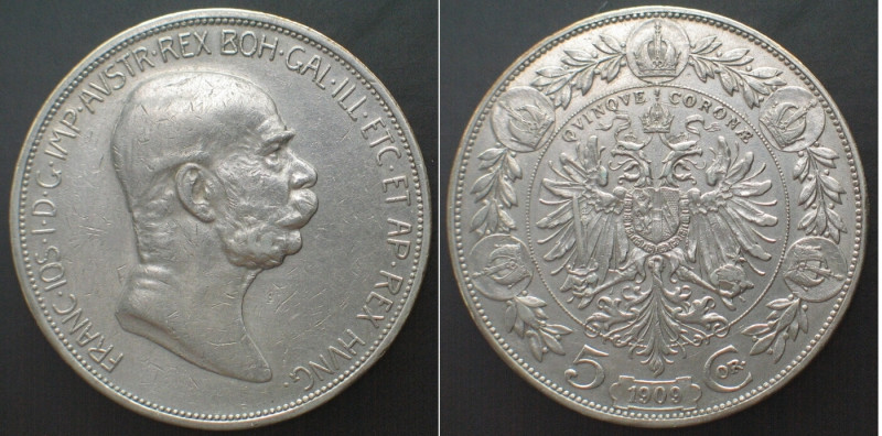 ÖSTERREICH. K.u.K. 5 Kronen 1909, Franz Joseph I. Silber, vz+. KM# 2814.