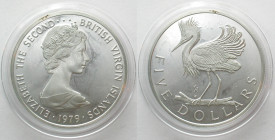 BRITISH VIRGIN ISLANDS. 5 Dollars 1979 FM (P), SNOWY EGRET, silver, Proof, SCARCE!