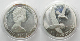 BRITISH VIRGIN ISLANDS. 5 Dollars 1982 FM, WHITE-TAILED TROPIC BIRDS, silver, SCARCE! Proof