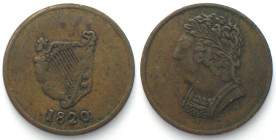 LOWER CANADA 1820 Imitation Bust and Harp Halfpenny Token, brass, VF+