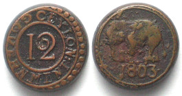 BRITISH CEYLON. 1/12 Rixdollar 1803, elephant, copper, VF