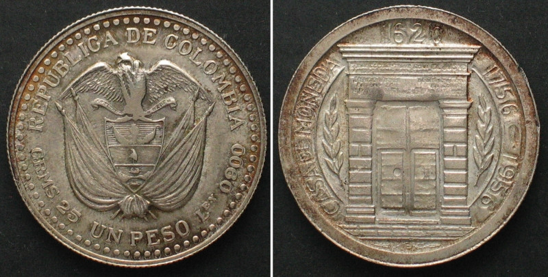 COLOMBIA Peso 1956, 200th ANN. of POPAYAN MINT, silver UNC SCARCE! KM 216- Minim...