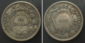 COSTA RICA. 50 Centimos 1923, Type VIII counterstamp on 25 Centavos 1893 Heaton mint, silver, VF+