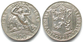CZECHOSLOVAKIA. 100 Korun 1948, 30th ANN. of INDEPENDENCE, silver AU