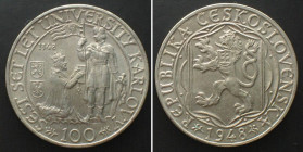 CZECHOSLOVAKIA. 100 Korun 1948, 600 ANN. of CHARLES UNIVERSITY, silver UNC