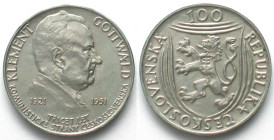 CZECHOSLOVAKIA. 100 Korun 1951, GOTTWALD, silver UNC-