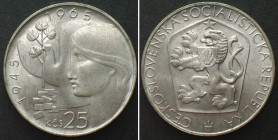 CZECHOSLOVAKIA. 25 Korun 1965, 20th ANN. of LIBERATION, silver BU!