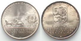 CZECHOSLOVAKIA 100 Korun 1982 Horse-drawn railway CESKE BUDEJOVICE silver UNC