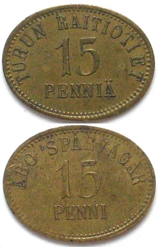 FINLAND. TURKU (ABO) Tram token 1890-1907 TURUN RAITIOTIET brass oval, aXF