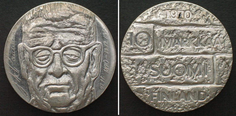 FINLAND 10 Markkaa 1970 PRESIDENT PAASIKIVI silver Prooflike Specimen. KM# 51.