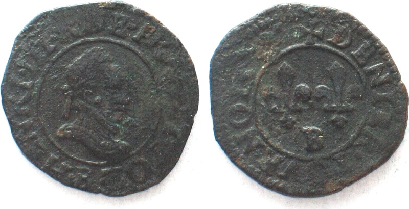 FRANCE Denier tournois ND B Rouen HENRY III copper VF+ RRR! Dy.1153.