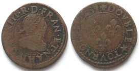 FRANCE Double Tournois 1639 H La Rochelle LOUIS XIII copper VF+