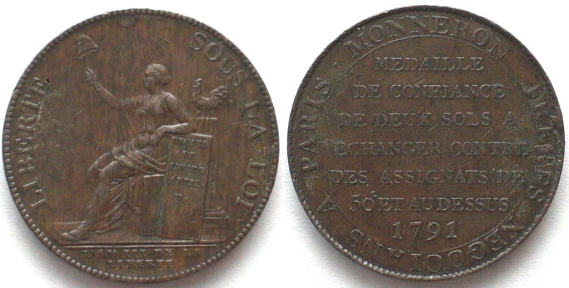 FRANCE. 2 Sols 1791 MONNERON Token bronze AU!