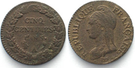 FRANCE. 5 Centimes AN 5 (1796-97) A Paris copper AU!