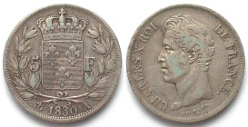 FRANCE. 5 Francs 1830 A, CHARLES X, silver VF+