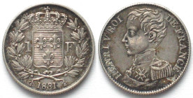 FRANCE. 1 Franc 1831 Pretender HENRY V silver AU