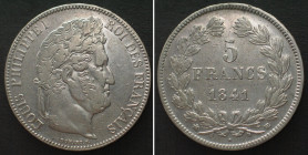 FRANCE. 5 Francs 1841 BB, Strasbourg, LOUIS PHILIPPE silver XF