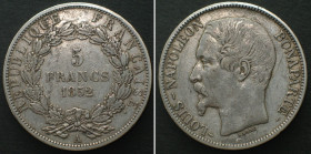 FRANCE. 5 Francs 1852 A LOUIS-NAPOLEON BONAPARTE silver VF-XF