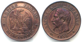 FRANCE. 10 Centimes 1856 BB Strasbourg mint, NAPOLEON III, bronze, AU!