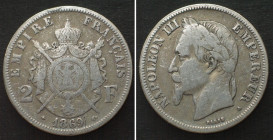 FRANCE. 2 Francs 1869 A Paris NAPOLEON III silver VF