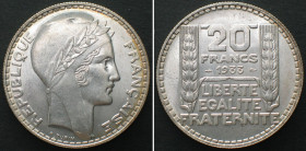 FRANCE. 20 Francs 1933 TURIN silver UNC!