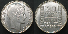 FRANCE. 20 Francs 1933 TURIN silver UNC!