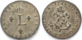 CANADA. Sol Marque 1762 BB JOHN LAW Mousquetaire billon AU!