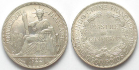 FRENCH INDO-CHINA. Piastre 1922 H, silver, AU