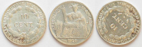 FRENCH INDO-CHINA. 10 cents 1925, silver, die rotation, UNC