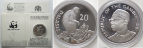GAMBIA. 20 Dalasis 1987, Temminck's Colobus Monkey, WWF, silver, Proof
