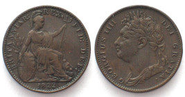 GREAT BRITAIN Farthing 1822 GEORGE IV copper VF-XF