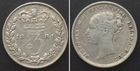 GREAT BRITAIN. 3 Pence 1884, VICTORIA silver VF+