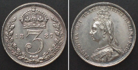 GREAT BRITAIN. 3 Pence 1887, VICTORIA, silver Prooflike specimen