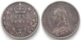 GREAT BRITAIN. 6 Pence 1889, VICTORIA silver VF