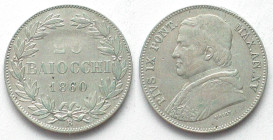 PAPAL STATES 20 Baiocchi 1860, XV, silver, strike-through mint error, AU