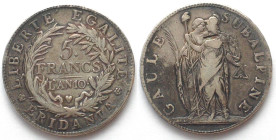 PIEDMONT REPUBLIC 5 Francs AN 10 (1801) silver VF+