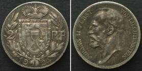 LIECHTENSTEIN 2 Franken 1924 JOHN II silver SCARCE! XF