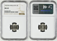 MALAYA & BRITISH BORNEO 5 Cents 1957 KN, Birmingham, ELIZABETH II, Cu-Ni, NGC MS 65.