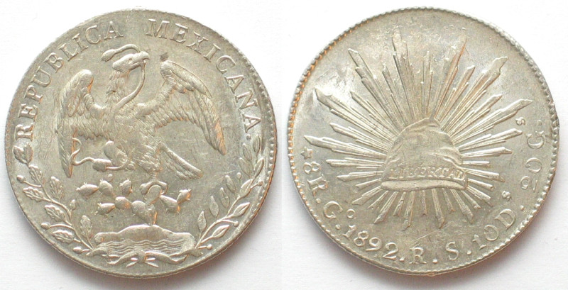 MEXICO. 8 Reales 1892, RS Go, Guanajuato, silver, Prooflike Early Strike! KM # 3...