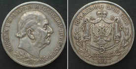 MONTENEGRO. Kingdom, 5 Perpera 1912 NICHOLAS I silver SCARCE! AU