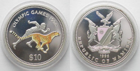 NAMIBIA 10 Dollars 1996 Runner & cheetah OLYMPICS silver Proof