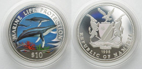NAMIBIA. 10 Dollars 1998 Whale & calf MARINE LIFE PROTECTION silver Proof