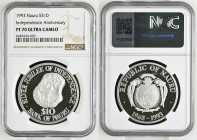 NAURU. 10 Dollars 1993 SILVER JUBILEE OF INDEPENDENCE silver VERY RARE! Top Pop! NGC PF 70 ULTRA CAMEO