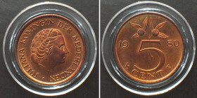 NETHERLANDS. 5 Cents 1980, Juliana, bronze, PROOF