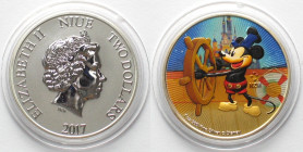 NIUE. 2 $ 2017 Mickey Mouse STEAMBOAT WILLIE colored DISNEY, silver, 1 oz